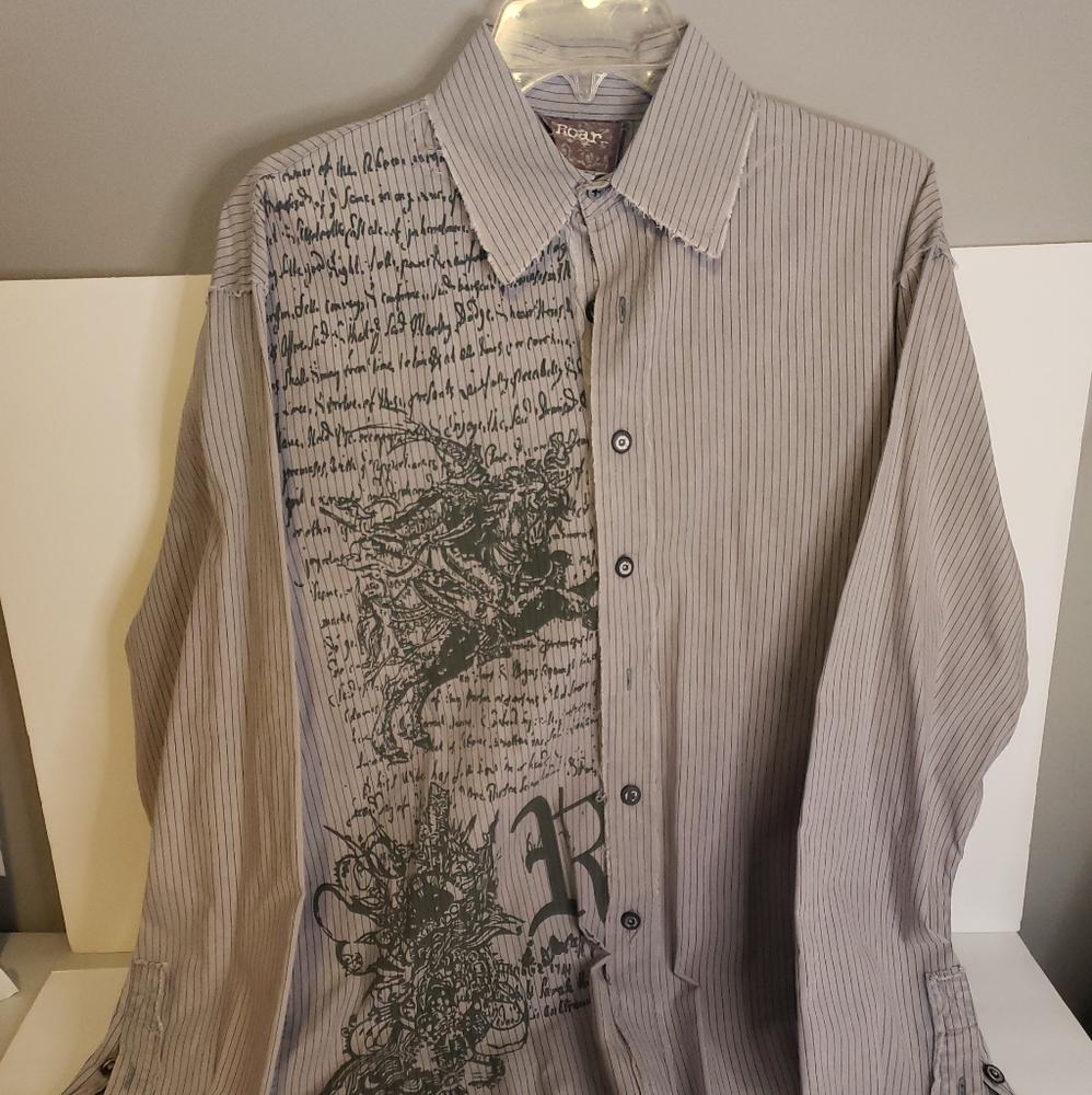 Roar Button Up Shirt - L - Gray with Black lines Long Sleeve - unfinished edging